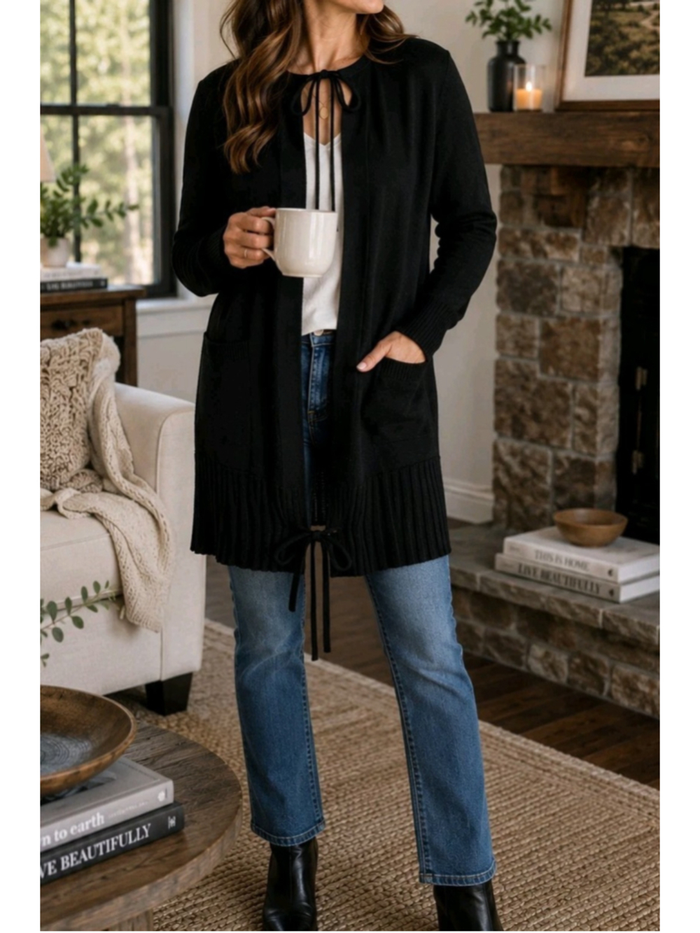 Cabi Black Cotton Long Open Cardigan Sweater Ties Pockets Size M Classic Capsule